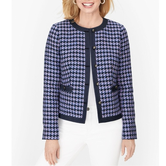 Talbots Tweed Lady Jacket Houndstooth Blue Pink Classic Old Money Preppy Work 18 - Picture 1 of 12